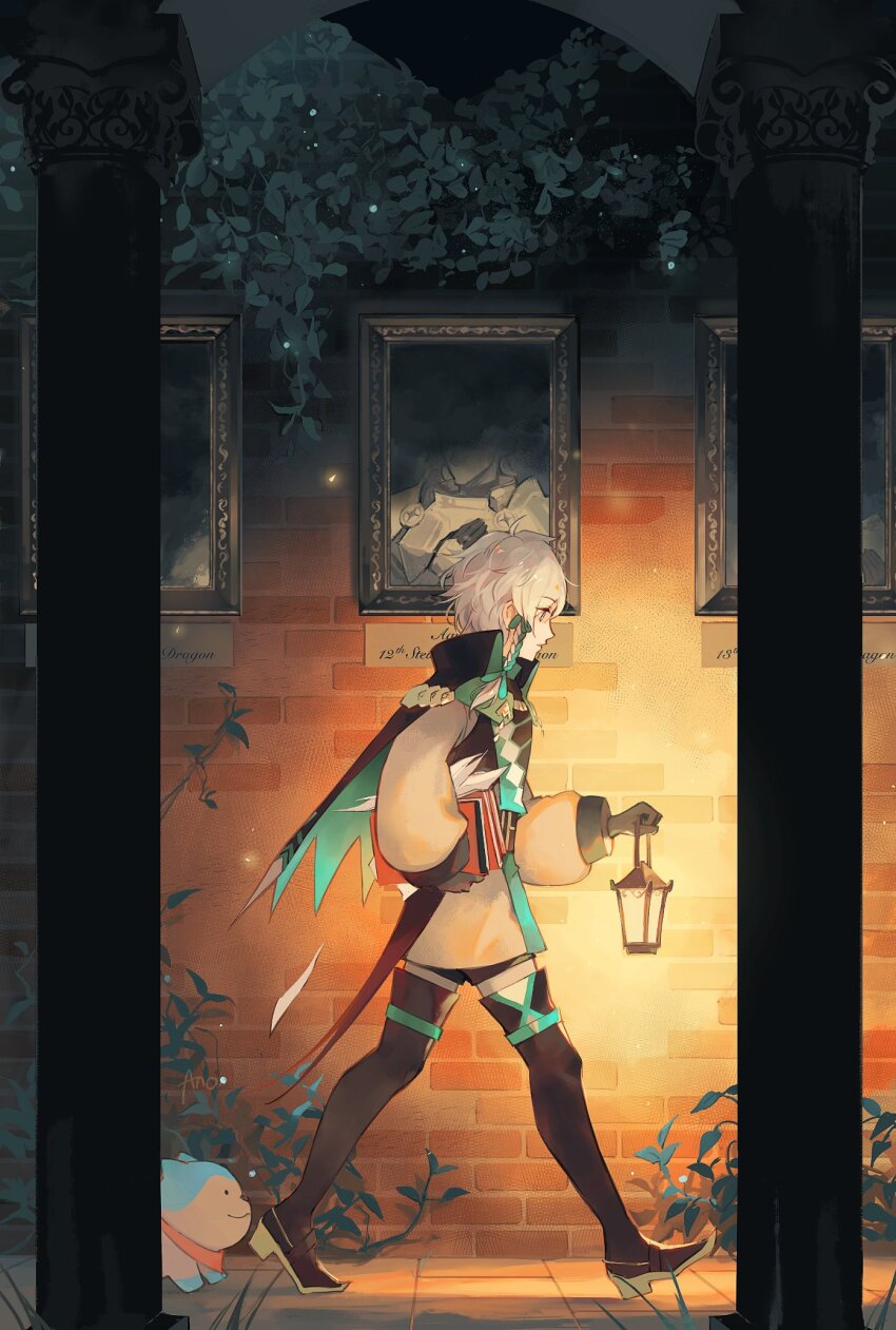 1boy anocurry brick brick_wall capelet clanne_(fire_emblem) fire_emblem fire_emblem_engage highres holding holding_lamp lamp long_sleeves nintendo picture_frame ribbon short_hair solo sommie_(fire_emblem) standing walking white_hair