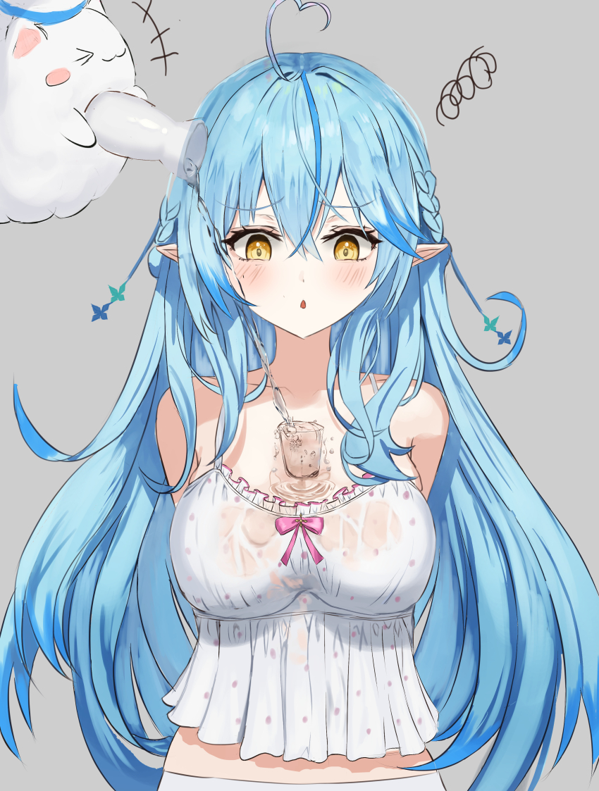 absurdres ahoge alcohol arms_behind_back bare_shoulders blue_hair blush bottle breasts camisole glass grey_background heart heart_ahoge highres hololive large_breasts long_hair pointy_ears sake sake_bottle see-through_camisole see-through_clothes simple_background spaghetti_strap upper_body very_long_hair virtual_youtuber wet wet_clothes white_camisole winvita yellow_eyes yukihana_lamy yukimin_(yukihana_lamy)