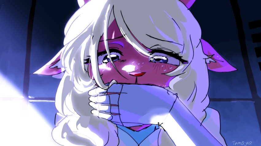 1girl 1other alien_stage animal_ears blonde_hair commentary covered_mouth covering_another&#039;s_mouth deer_ears deer_girl deltarune derivative_work english_commentary furry furry_female highres long_hair noelle_holiday noelle_holiday_(dark_world) screenshot_redraw solo_focus tamqyq