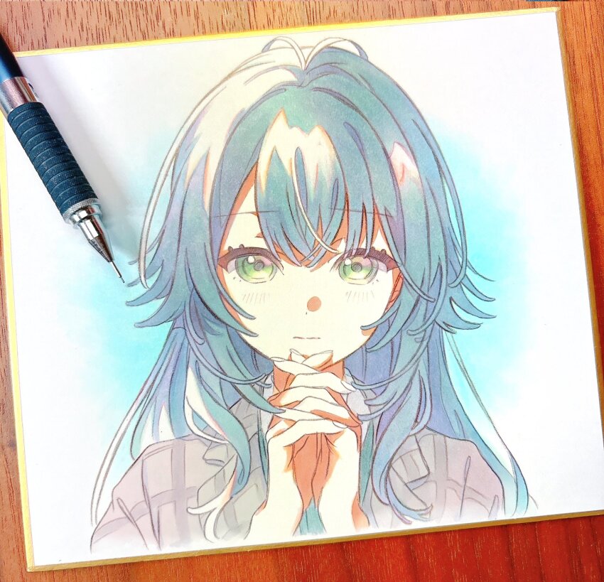 1girl antenna_hair art_tools_in_frame blush coat cropped_torso gakuen_idolmaster green_eyes green_hair grey_coat highres idolmaster interlocked_fingers looking_at_viewer marker_(medium) mechanical_pencil own_hands_together pato_(ptro) pencil photo_(medium) solo traditional_media tsukimura_temari upper_body