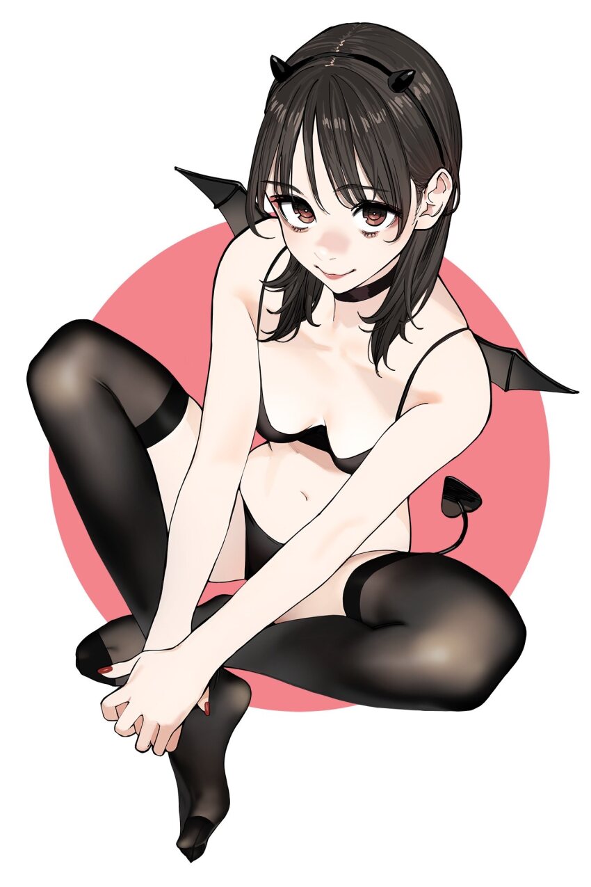 1girl black_bra black_choker black_panties black_thighhighs bra breasts brown_eyes brown_hair choker collarbone commentary demon_tail demon_wings fake_horns halloween_costume highres horns indian_style medium_hair nail_polish original own_hands_together panties parted_lips red_nails sitting small_breasts smile solo symbol-only_commentary tail thighhighs underwear wings yomu_(sgt_epper)