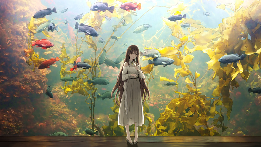 1girl :o absurdres anyotete aquarium belt brown_eyes brown_hair collared_dress detached_sleeves dress fish fish_tank full_body grouper_(fish) high_heels highres kelp light long_hair long_sleeves looking_at_viewer open_mouth original scenery solo standing umbrella white_dress