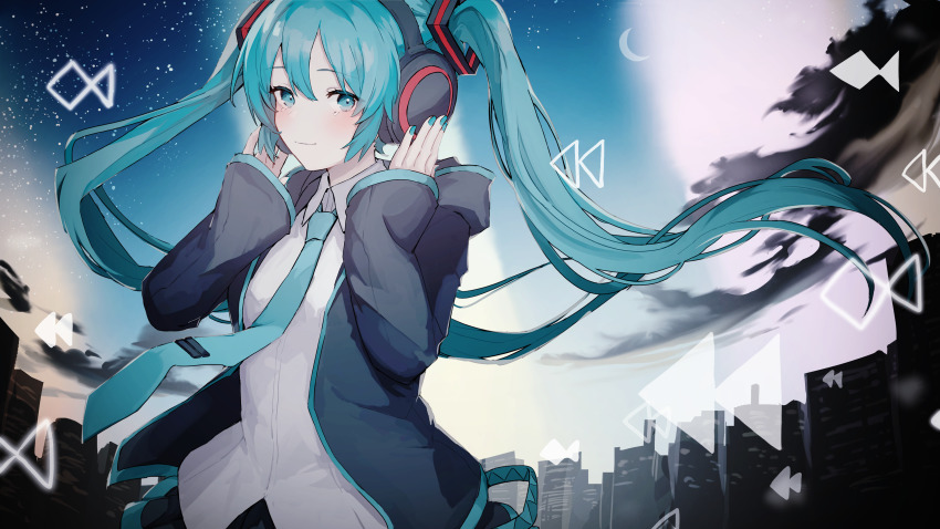 1girl absurdres aqua_eyes aqua_hair aqua_nails aqua_necktie black_clouds black_skirt cityscape closed_mouth collared_shirt crescent_moon hair_between_eyes hands_on_headphones hatsune_miku headphones headset highres hood hoodie light_smile long_hair long_sleeves looking_at_viewer moon nail_polish necktie pleated_skirt rewind_button shiratakiseaice shirt skirt sky sleeves_past_wrists smile solo star_(sky) starry_sky tie_clip twintails vocaloid white_shirt