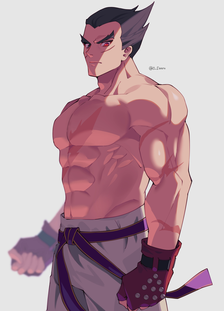 1boy abs absurdres belt biceps black_eyes blurry clenched_hands closed_mouth collarbone commentary cowboy_shot depth_of_field facial_scar fingerless_gloves gloves grey_background heterochromia highres looking_at_viewer male_focus martial_arts_belt mishima_kazuya muscular muscular_male navel no_nipples pants pectorals purple_belt red_eyes red_gloves scar scar_on_arm scar_on_cheek scar_on_chest scar_on_face serious simple_background solo spiked_hair standing tekken thick_eyebrows topless_male twitter_username white_pants zero-go