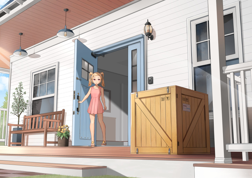 1girl blonde_hair box commission dress epicary_radz guard_rail highres medium_hair miran_(epicary_radz) open_door original outdoors pink_dress pixiv_commission plant porch potted_plant red_eyes sandals twintails variant_set
