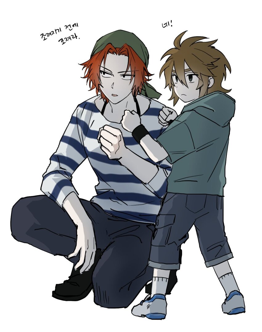 1boy 1girl annie_(saibou_shinkyoku) bandana black_pants black_shoes bra_strap brown_hair child closed_mouth commentary_request frown green_bandana green_eyes green_hoodie hair_between_eyes highres hood hood_down hoodie isoi_reiji korean_commentary korean_text linu long_sleeves on_one_knee open_mouth orange_hair pants parted_bangs saibou_shinkyoku sanpaku shirt shoes short_hair short_sleeves simple_background socks striped_clothes striped_shirt translation_request white_background white_shirt white_shoes white_socks