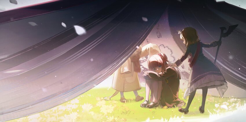 1boy 2girls blonde_hair blue_eyes blunt_bangs brown_hair closed_eyes closed_mouth grass hair_between_eyes highres holding holding_staff kkia long_sleeves multiple_girls open_mouth outdoors red_hair sakutarou_(umineko) scarf shadow sidelocks sitting sleeves_past_wrists smile staff standing umineko_no_naku_koro_ni ushiromiya_ange ushiromiya_maria