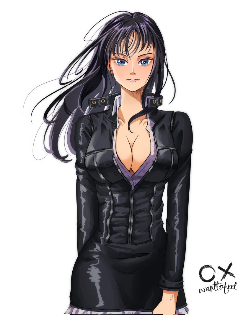 1girl black_dress black_hair blue_eyes breasts cleavage closed_mouth collarbone collared_shirt commentary cowboy_shot dress floating_hair frozenover highres leather_dress long_hair long_sleeves looking_at_viewer nico_robin nico_robin_(water_7) one_piece shirt simple_background solo white_background