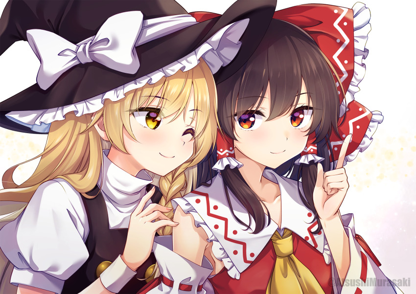 2girls ascot bare_shoulders black_headwear black_vest blonde_hair blush bow braid brown_eyes brown_hair closed_mouth detached_sleeves hair_bow hair_tubes hakurei_reimu hat hat_bow highres japanese_clothes kirisame_marisa long_hair multiple_girls murasaki_atsushi nontraditional_miko one_eye_closed puffy_short_sleeves puffy_sleeves red_bow ribbon-trimmed_sleeves ribbon_trim shirt short_sleeves sidelocks single_braid smile touhou twitter_username vest white_bow white_shirt white_sleeves wide_sleeves witch_hat yellow_ascot yellow_eyes