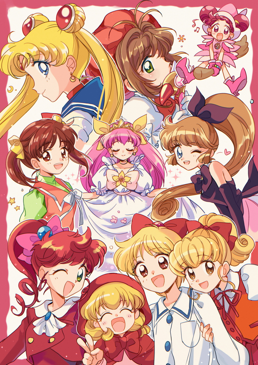 absurdres ahiru_(princess_tutu) ai_tenshi_densetsu_wedding_peach akazukin_chacha antenna_hair bishoujo_senshi_sailor_moon blouse boots brooch cardcaptor_sakura chacha_(akazukin_chacha) collared_shirt company_connection fancy_lala flower_brooch hanasaki_momoko haneoka_meimi harukaze_doremi highres hime-chan_no_ribbon kaitou_saint_tail kinomoto_sakura kinomoto_sakura_(magician) kokubu_karin madhouse magical_girl moriya_ririka nonohara_himeko nurse_angel_ririka_sos ojamajo_doremi olm_(studio) pink_boots ponytail princess_tutu_(character) sailor_moon saint_tail shinohara_miho shirt suzuki_(2red_moon3) tms_entertainment toei_animation tonde_buurin tsukino_usagi wedding_peach white_shirt