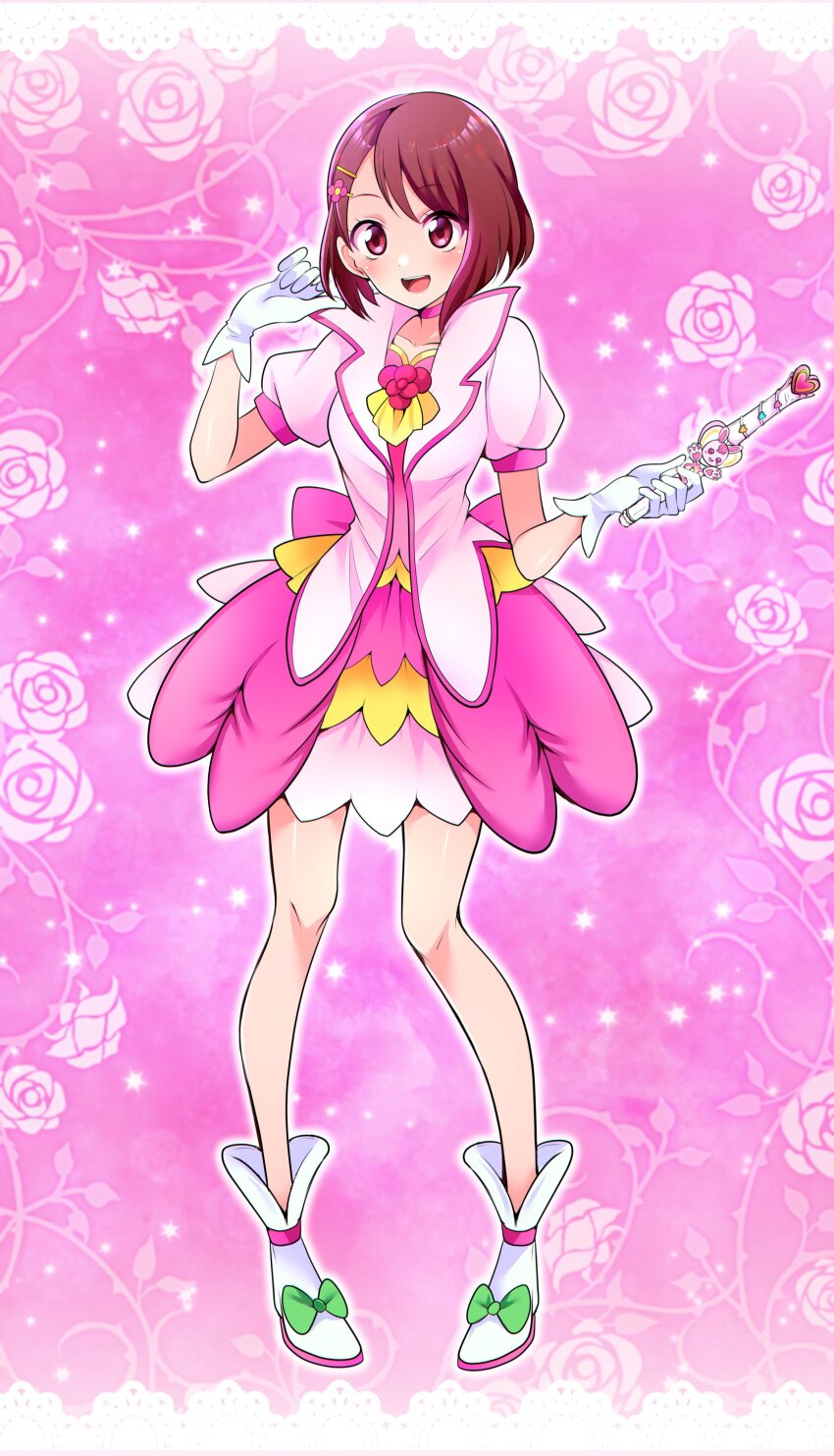 1girl absurdres blush boots cosplay cure_grace cure_grace_(cosplay) dress gloves hair_ornament hairclip hanadera_nodoka healin&#039;_good_precure high_heel_boots high_heels highres jacket magical_girl mitsuki_tayura open_mouth pink_dress pink_jacket precure puffy_short_sleeves puffy_sleeves red_eyes red_hair short_hair short_sleeves solo white_boots white_gloves