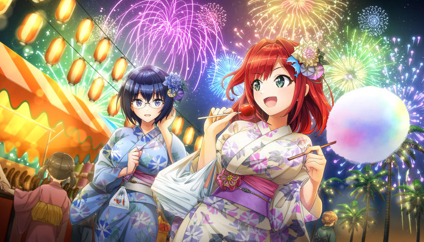 2girls aerial_fireworks bag bagged_fish blue_eyes blue_hair blue_kimono breasts candy_apple chocolate_banana cotton_candy dolphin_hair_ornament dolphin_wave festival fireworks fish flower_hairpin food food_stand game_cg glasses hair_intakes highres holding holding_candy_apple holding_cotton_candy holding_food japanese_clothes kimono lantern large_breasts long_hair market_stall multiple_girls night non-web_source official_alternate_costume official_art one_side_up ootomo_takuji paper_lantern sakimiya_iruka short_hair smile summer_festival tojou_michiru yellow_kimono yukata