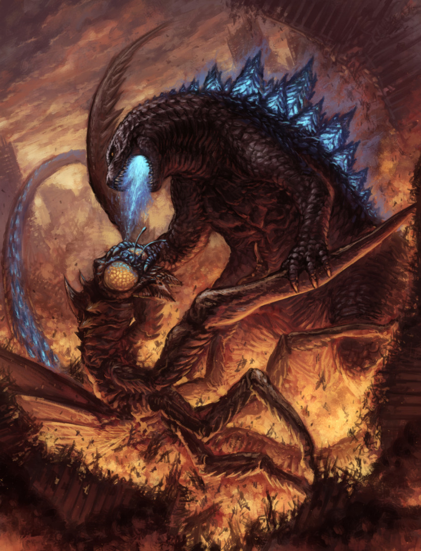 bug city destruction dinosaur energy epic explosion fire glowing glowing_mouth glowing_spikes godzilla godzilla_(2014) godzilla_(series) highres kaiju kamacuras legendary_pictures monsterverse praying_mantis smoke tatsuya_(atelier_road) toho