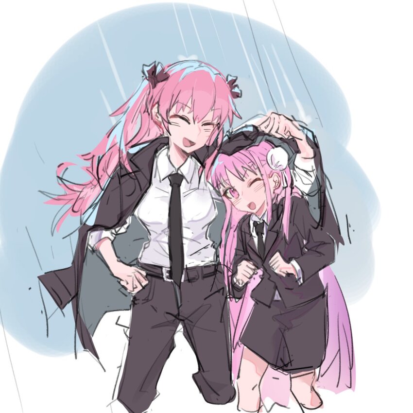 2girls aikawa_megumi black_necktie blazer double_bun hair_bun hat heaven_burns_red jacket kunimi_tama long_hair long_sleeves multiple_girls necktie pencil_skirt pink_eyes pink_hair rantan_0925 ribbon shirt skirt two_side_up white_shirt yuri