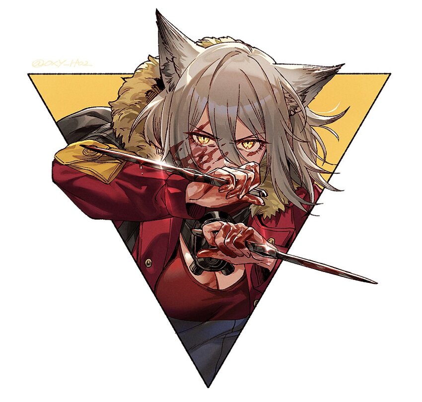 1girl animal_ear_fluff animal_ears arknights black_bag blood blood_on_face blood_on_hands border breasts cleavage covering_own_mouth cropped_torso dagger dual_wielding fighting_stance fur-trimmed_hood fur_trim grey_hair hands_up highres holding holding_dagger holding_knife holding_weapon hood hooded_jacket jacket knife long_hair looking_at_viewer medium_breasts outside_border oxy_(ho2) projekt_red_(arknights) red_jacket serious simple_background solo triangle_background twitter_username upper_body weapon white_border wolf_ears wolf_girl yellow_background