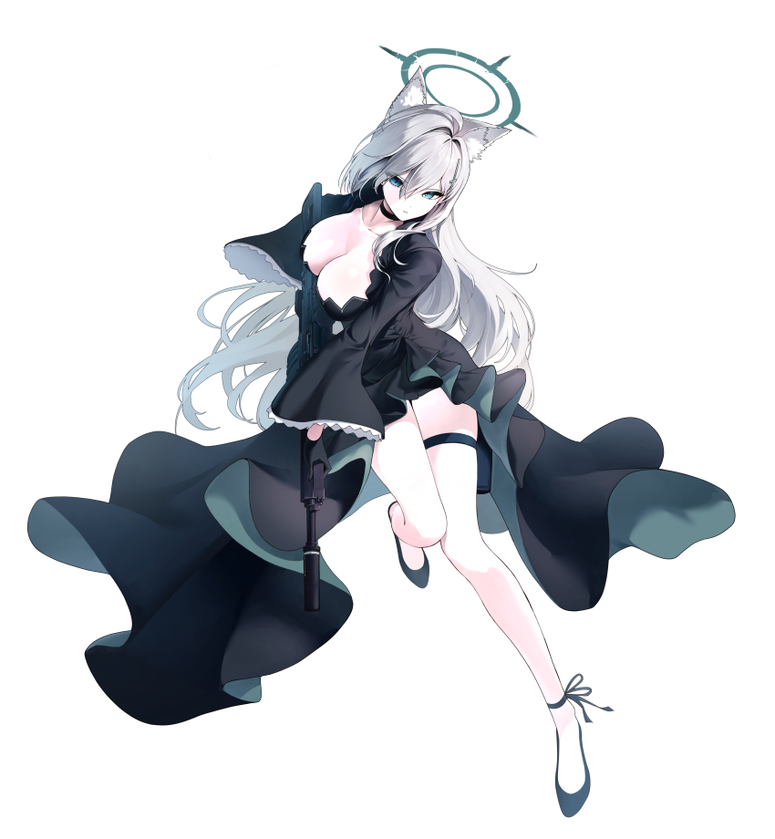1girl absurdres animal_ear_fluff animal_ears assault_rifle black_choker black_dress black_footwear black_gloves blue_archive blue_eyes breasts choker cleavage commentary_request cross_hair_ornament dogee_(ch_dh0408) dress full_body gloves grey_hair gun hair_between_eyes hair_intakes hair_ornament highres holding holding_gun holding_weapon large_breasts long_hair looking_at_viewer rifle shiroko_(blue_archive) shiroko_terror_(blue_archive) sidelocks sig_sauer sig_sauer_556 simple_background solo thigh_strap thighs very_long_hair weapon white_background wolf_ears wolf_girl