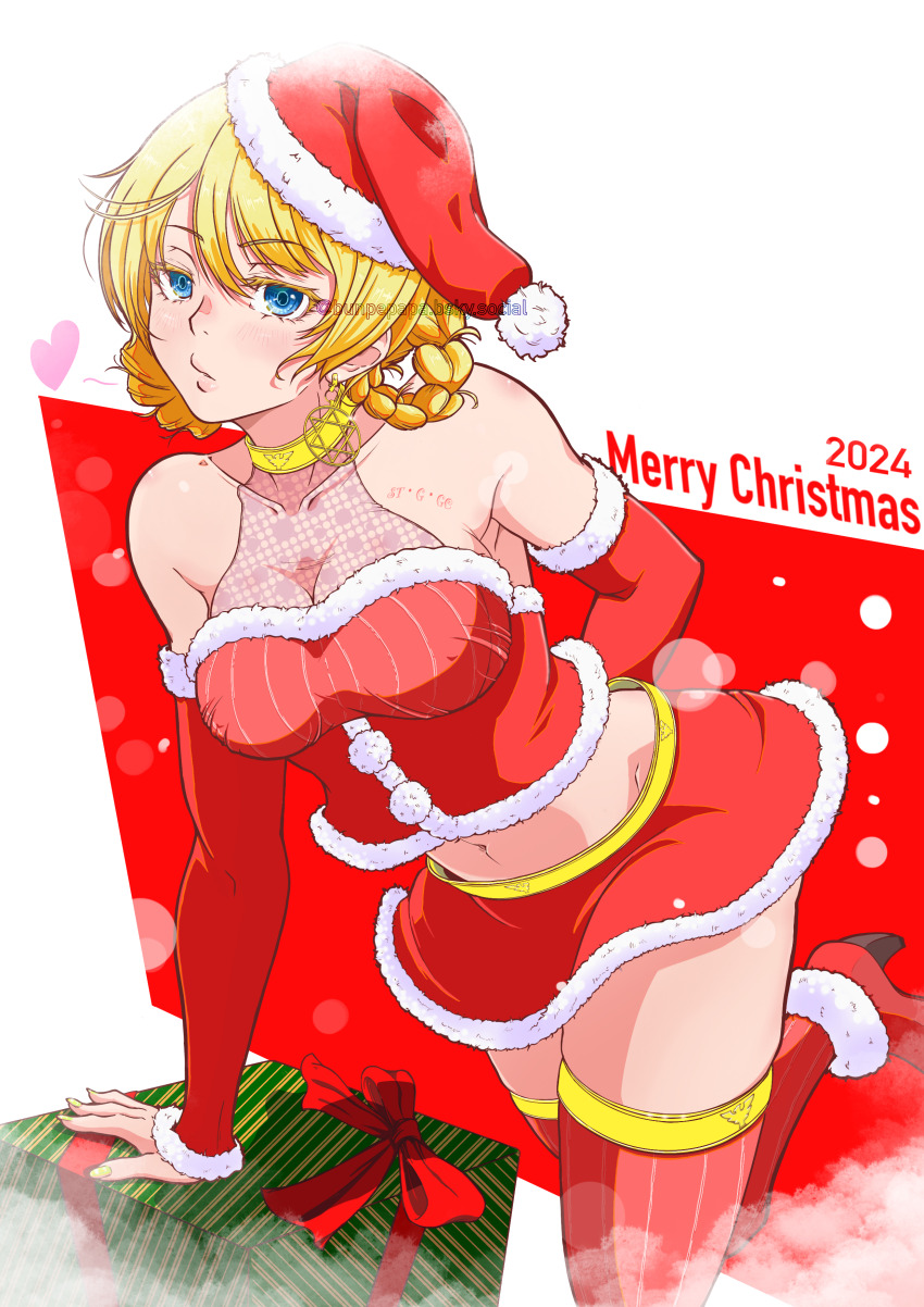 1girl 2024 absurdres arm_behind_back blonde_hair blue_eyes boots braid breasts christmas cleavage closed_mouth commentary darjeeling_(girls_und_panzer) earrings elbow_gloves english_text frown fur-trimmed_gloves fur-trimmed_shirt fur-trimmed_skirt fur_trim gift girls_und_panzer gloves half_gloves halterneck hat heart hexagram high_heel_boots high_heels highres jewelry leaning_forward leg_up lips looking_at_viewer medium_breasts merry_christmas microskirt midriff navel poshi_nemiiyo red_boots red_hat red_shirt red_skirt red_thighhighs santa_hat see-through_clothes see-through_shirt shirt short_hair skirt solo standing standing_on_one_leg star_of_david thighhighs twin_braids twitter_username