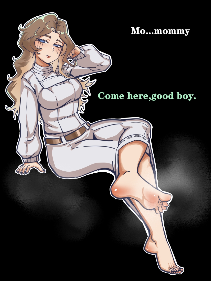 1girl absurdres ada_mesmer barefoot blue_eyes brown_hair crossed_legs edke feet highres identity_v long_hair looking_at_viewer soles steam toes