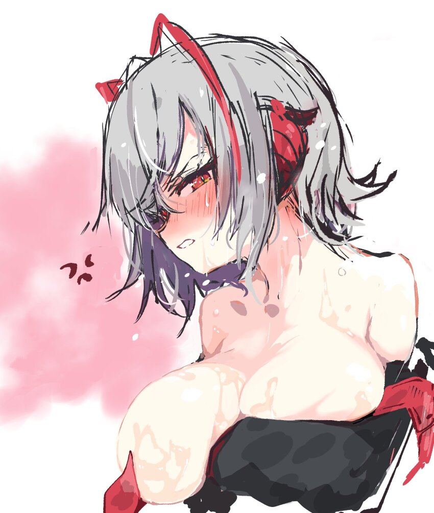1girl anger_vein angry antenna_hair arknights bare_shoulders blush breasts demon_girl demon_horns grey_hair highres horns jacket large_breasts multicolored_hair open_clothes open_jacket orange_eyes red_hair short_hair solo sukima_(crie) w_(arknights) wet
