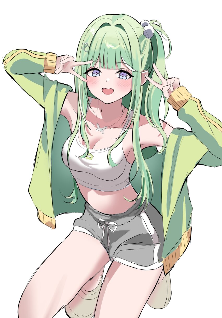 1girl absurdres armpits bare_shoulders breasts cleavage crop_top dolphin_shorts double_v drawstring green_hair green_jacket grey_shorts hair_ornament hands_up highres iruka_(furyun0220) jacket jewelry long_hair long_sleeves looking_at_viewer medium_breasts midriff necklace off_shoulder one_side_up open_clothes open_jacket open_mouth pom_pom_(clothes) pom_pom_hair_ornament purple_eyes shirt short_shorts shorts simple_background sleeveless sleeveless_shirt smile solo spaghetti_strap stellive thighs v virtual_youtuber white_background white_shirt yuzuha_riko