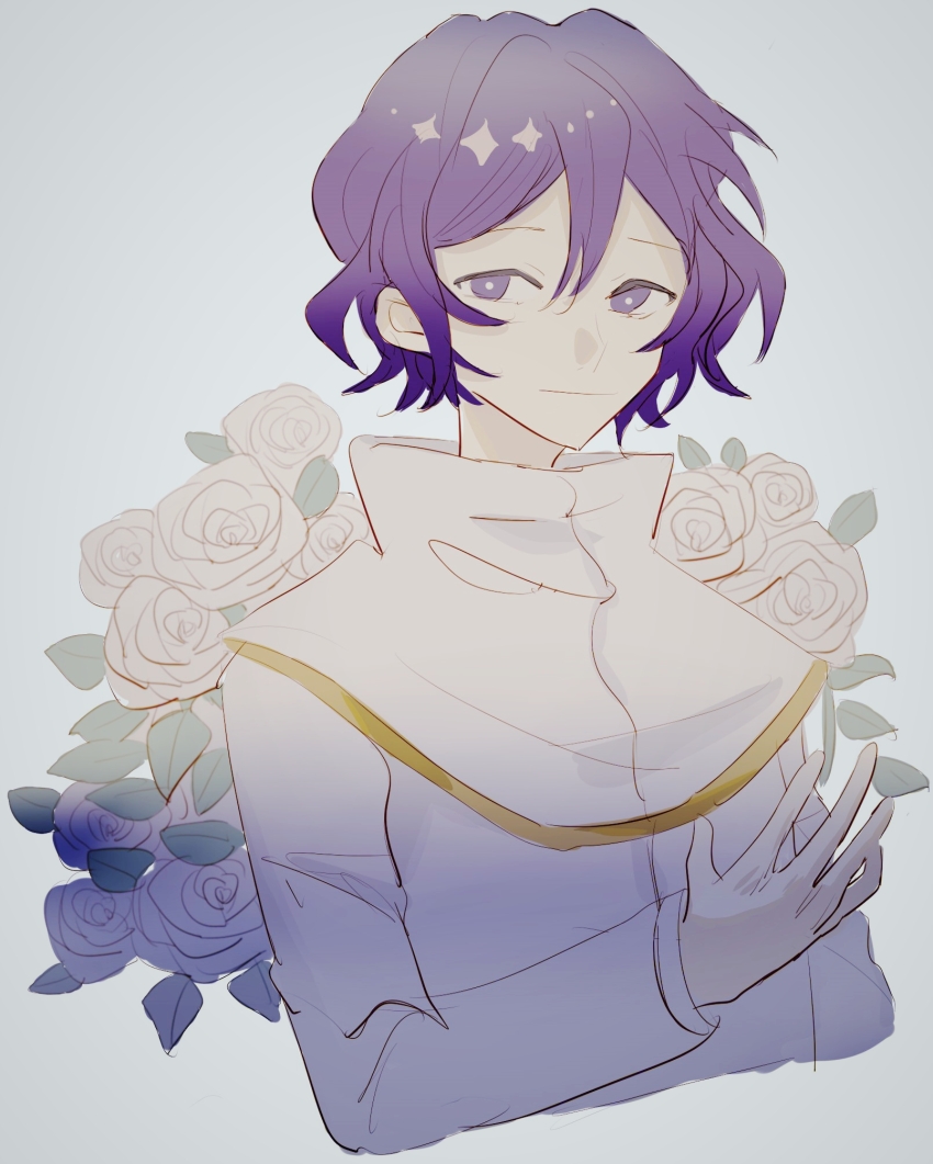 1boy bright_pupils capelet closed_mouth cropped_torso flower gold_trim hai_(1210080) hair_between_eyes hand_up high_collar highres long_sleeves male_focus purple_eyes purple_hair rose saibou_shinkyoku shirt short_hair smile solo utsugi_noriyuki white_background white_capelet white_flower white_pupils white_rose white_shirt
