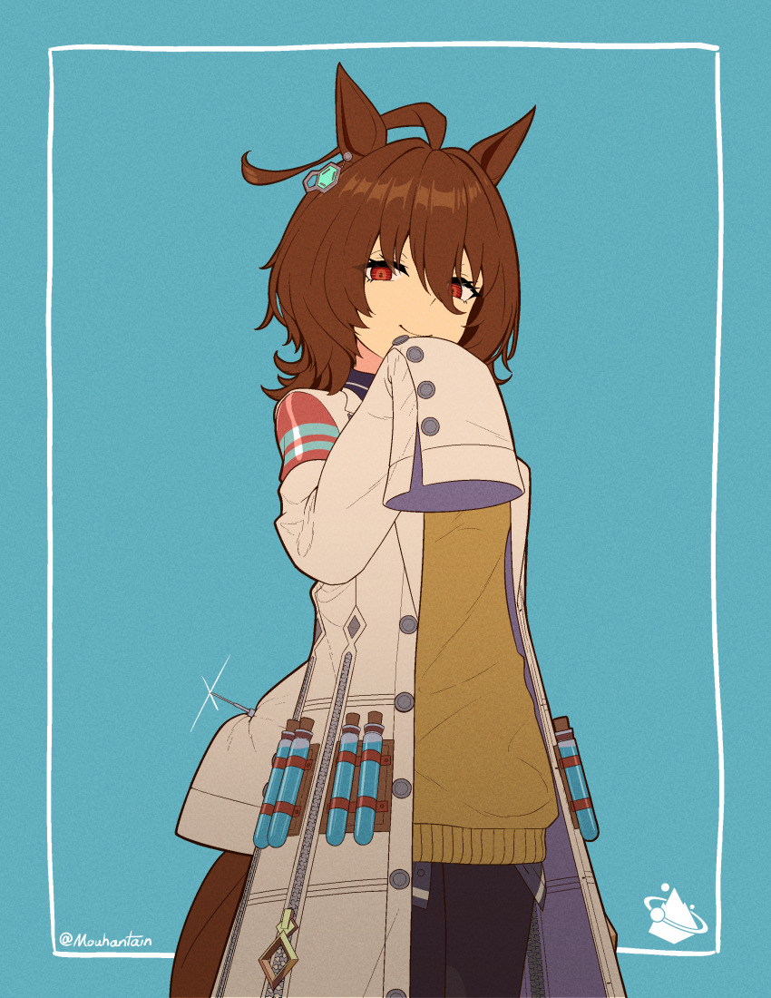 1girl absurdres agnes_tachyon_(umamusume) ahoge animal_ears artist_logo artist_name blue_background blush bow bowtie breasts brown_hair buttons chemistry clenched_hands coat cowboy_shot earrings fingernails hair_between_eyes hair_intakes highres holding horse_ears horse_girl horseshoe_ornament jewelry lab_coat large_breasts logo long_fingernails long_sleeves looking_at_viewer medium_hair mouhantain off_shoulder open_clothes open_coat open_mouth pleated_skirt purple_bow purple_bowtie purple_shirt red_eyes sailor_collar school_uniform serafuku shirt simple_background single_earring skirt sleeves_past_fingers sleeves_past_wrists solo standing table tracen_school_uniform two-tone_shirt umamusume upper_body white_coat white_sailor_collar white_shirt white_skirt wide_sleeves zipper