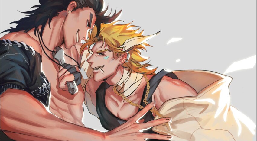 2boys at_knifepoint bandaged_neck bandages battle_tendency black_hair black_jacket blonde_hair caesar_anthonio_zeppeli cigarette contemporary cross cross_necklace dog_tags facial_mark feather_hair_ornament feathers fingerless_gloves gloves green_eyes hair_ornament highres holding holding_wrench jacket jewelry jojo_no_kimyou_na_bouken joseph_joestar joseph_joestar_(young) male_focus mouth_hold mullet multiple_boys muscular muscular_male necklace no_shirt off_shoulder suzuri513 white_jacket wrench