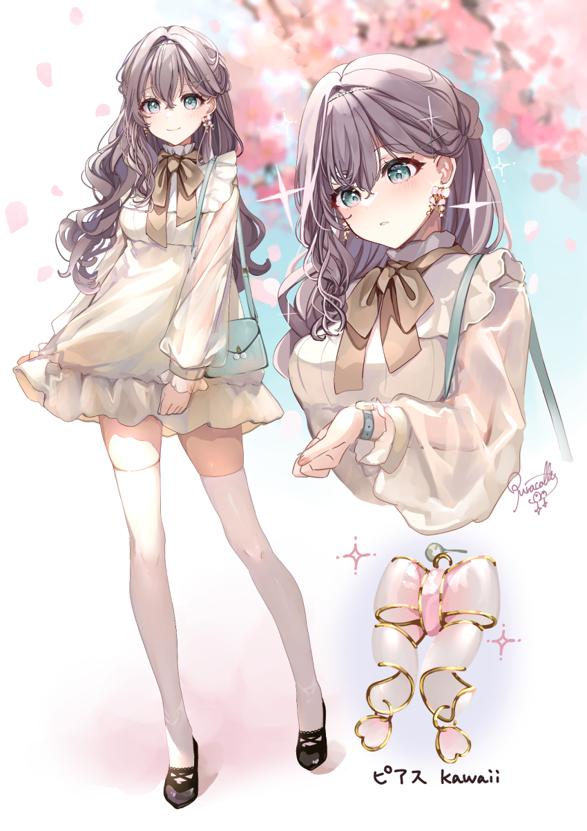 1girl bag black_shoes blue_sky blush bow branch breasts brown_bow brown_hair commentary_request dress earrings frilled_dress frills green_eyes hair_between_eyes hair_intakes highres jewelry long_hair long_sleeves medium_breasts multiple_views original parted_lips puffy_long_sleeves puffy_sleeves puracotte romaji_text see-through_clothes see-through_sleeves shoes shoulder_bag signature sky sleeves_past_wrists standing thighhighs translation_request very_long_hair watch white_bow white_dress white_thighhighs wristwatch