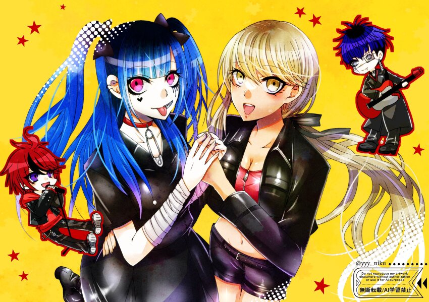 2boys 2girls alternate_costume amemiya_darumi black_dress black_hair black_jacket black_pants black_shorts blonde_hair blue_hair breasts chibi chibi_inset cleavage collarbone dress fingernails full_body hair_between_eyes heart highres holding_hands jacket kawana_tsubasa long_hair looking_at_viewer makeup multicolored_hair multiple_boys multiple_girls official_alternate_costume omokage_yugamu open_mouth pants pink_eyes red_hair red_shirt runny_makeup safety_pin shirt shorts star_(symbol) sumino_takumi teeth the_hundred_line_-last_defense_academy- tongue tongue_out twintails upper_body yellow_background yellow_eyes