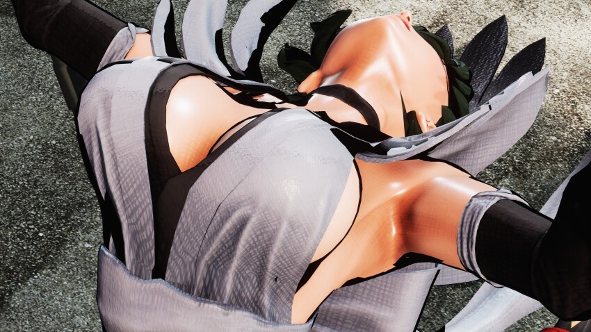 1girl 3d absurdres black_hair black_leotard breast_focus breasts highres indoors iroha_(samurai_spirits) large_breasts leotard maid maid_headdress moaning ryona samurai_spirits screencap shiny_skin short_hair sideboob thick_thighs thighhighs thighs third-party_edit upper_body