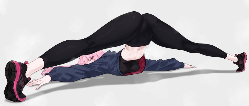 1girl absurdres alternate_costume black_pants black_shoes black_sports_bra blue_hoodie blue_sweater bluefield highres hololive hololive_english hood hoodie jack-o&#039;_challenge long_hair looking_at_viewer looking_back midriff mori_calliope navel pants pink_eyes pink_hair pink_nails red_eyes shoe_soles shoes sneakers solo sports_bra spread_legs steaming_body stretching sweat sweater virtual_youtuber yoga_pants