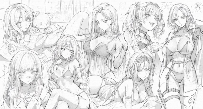 6+girls babydoll bandaid bandaid_on_cheek bandaid_on_face bandaid_on_nose bikini blush bow bowtie bra breasts chest_harness choker cleavage closed_mouth coat collarbone commentary_request copyright_request dated eyewear_on_head greyscale hair_bow hama_guri harness heart heart_choker highres jacket jacket_partially_removed large_breasts long_hair looking_at_viewer lying medium_hair mole mole_on_arm monochrome multiple_girls navel on_stomach open_clothes open_coat open_mouth parted_bangs parted_lips piercing see-through_babydoll see-through_clothes sketch skindentation spaghetti_strap stuffed_animal stuffed_toy swept_bangs swimsuit teddy_bear thigh_sheath tongue tongue_out tongue_piercing twintails underwear wristband