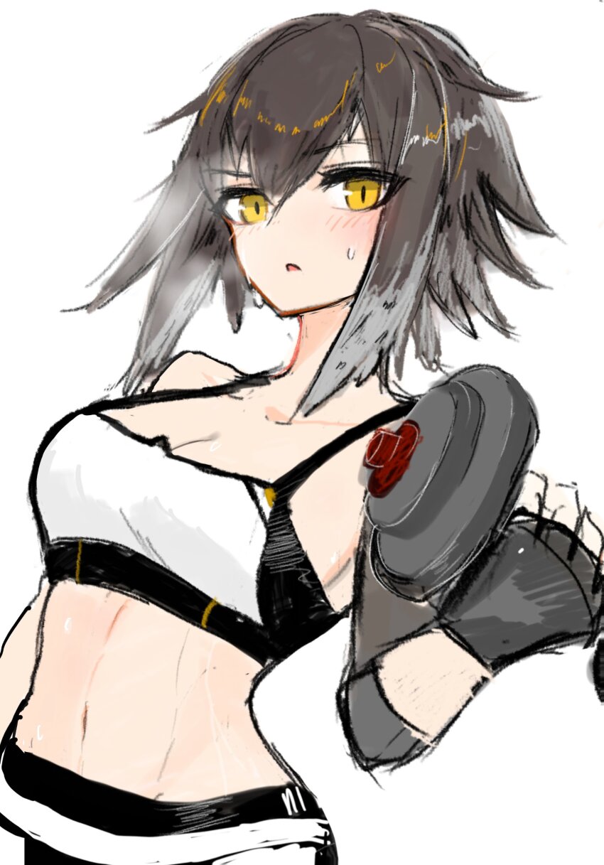 1girl arknights bird_girl bra brown_hair compression_sleeve dumbbell exercising feather_hair fingerless_gloves gloves hakoniwashinshi highres plume_(arknights) plume_(easy_time)_(arknights) sports_bra sweat sweatdrop underwear white_background white_bra white_sports_bra yellow_eyes