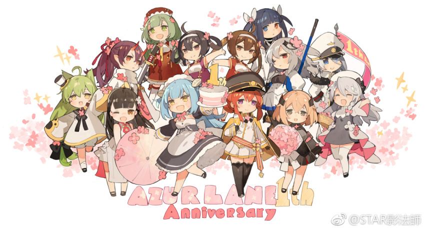 6+girls akashi_(azur_lane) anniversary azur_lane black_hair blue_eyes blue_hair cake flower food glowworm_(azur_lane) grey_hair ibuki_(azur_lane) izumo_(azur_lane) monarch_(azur_lane) multiple_girls neptune_(azur_lane) ning_hai_(azur_lane) ping_hai_(azur_lane) purple_eyes red_eyes roon_(azur_lane) saint-louis_(azur_lane) simple_background starshadowmagician tirpitz_(azur_lane) vestal_(azur_lane) white_background yat_sen_(azur_lane)