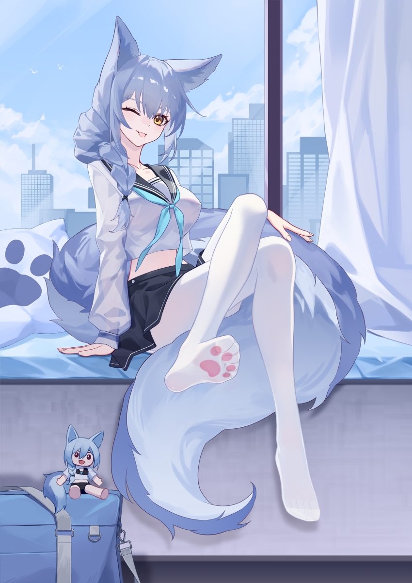 1girl ;p animal_ears arknights arm_support black_sailor_collar black_skirt blue_hair blue_neckerchief blue_sky character_doll city cloud commentary_request crop_top crossed_legs day highres indoors large_tail long_hair long_sleeves looking_at_viewer miniskirt neckerchief no_shoes one_eye_closed provence_(arknights) provence_(xz002) sailor_collar school_uniform serafuku shirt sitting skirt sky smile solo stomach tail thighhighs tongue tongue_out white_shirt white_thighhighs wolf_ears wolf_tail yellow_eyes