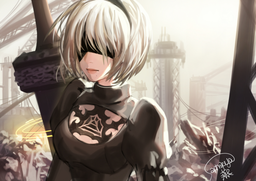 1girl 2b_(nier:automata) black_dress blindfold breasts closed_mouth dress female_focus hairband juliet_sleeves long_sleeves medium_breasts mole mole_under_mouth nier:automata nier_(series) puffy_sleeves saphirya short_hair signature silver_hair solo upper_body