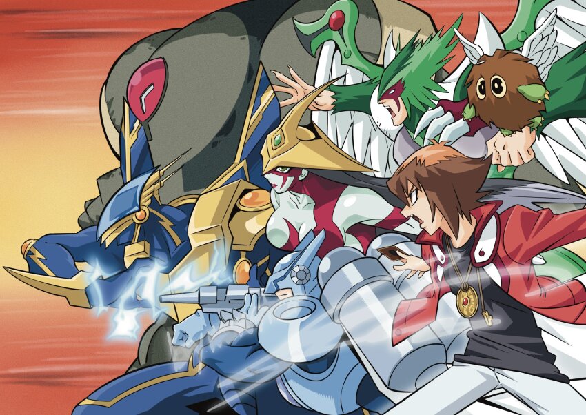 1girl 5boys arm_mounted_weapon black_shirt brown_eyes brown_hair card creature duel_academy_uniform_(yu-gi-oh!_gx) duel_monster electricity electrokinesis elemental_hero_avian elemental_hero_bubbleman elemental_hero_burstinatrix elemental_hero_clayman elemental_hero_sparkman feathered_wings flying green_eyes helmet highres holding holding_card jacket jewelry medallion medium_hair monster_art_(rlawnsgr7) multiple_boys necklace open_clothes open_jacket open_mouth pants red_jacket red_lips shirt superhero_costume white_pants winged_kuriboh wings yu-gi-oh! yu-gi-oh!_gx yuki_judai