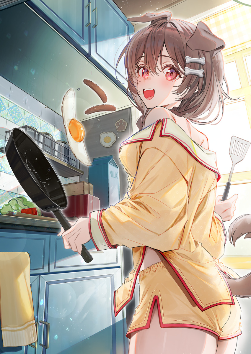 1girl :d alternate_costume animal_ears bone_hair_ornament braid brown_eyes brown_hair cartoon_bone clothing_cutout commentary day dog_ears dog_girl dog_tail double-parted_bangs extra_ears flipping_food food fried_egg from_side hair_between_eyes hair_ornament hairclip highres holding holding_pan holding_spatula hololive indoors inugami_korone kawachi_rin kitchen long_hair long_sleeves looking_at_viewer loungewear low_twin_braids off_shoulder open_mouth pajamas sausage short_shorts shorts side_slit smile solo spatula tail tail_through_clothes teeth twin_braids upper_teeth_only virtual_youtuber yellow_pajamas yellow_shorts