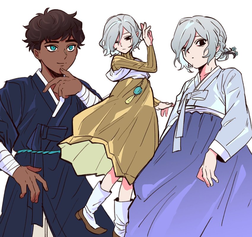 2boys alternate_costume alternate_hairstyle bags_under_eyes black_eyes black_hair blue_eyes blue_hanbok cowboy_shot crossdressing curly_hair dark-skinned_male dark_skin dungeon_meshi elf feet_out_of_frame grey_hair hair_between_eyes hair_ornament hair_over_one_eye hanbok highres kabru korean_clothes lazy_eye male_focus mithrun multiple_boys multiple_views notched_ear pointy_ears purple_hanbok short_hair simple_background smile uneven_eyes updo wavy_hair white_background yellow_hanbok zo_na