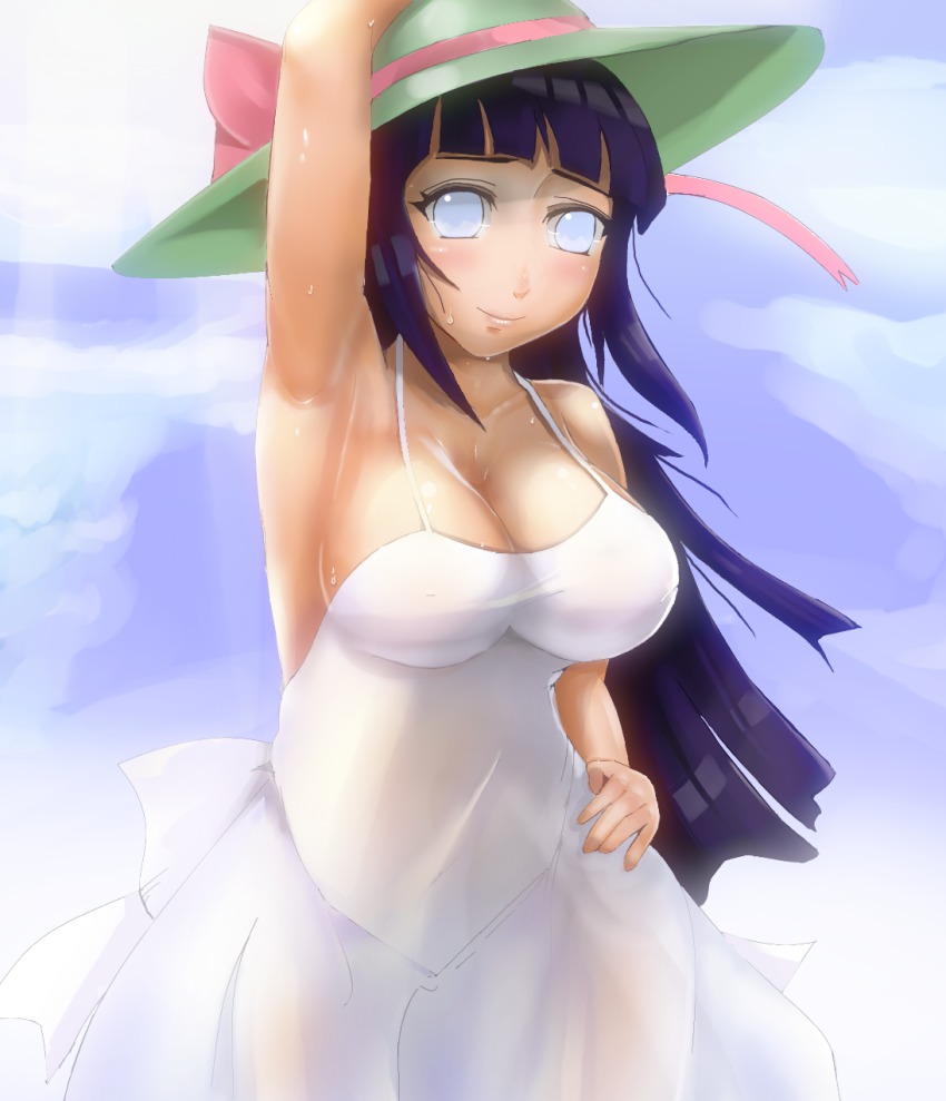 1girl armpits breasts cleavage dress female_focus hat highres hyuuga_hinata large_breasts naruto naruto_(series) purple_hair sakuama solo