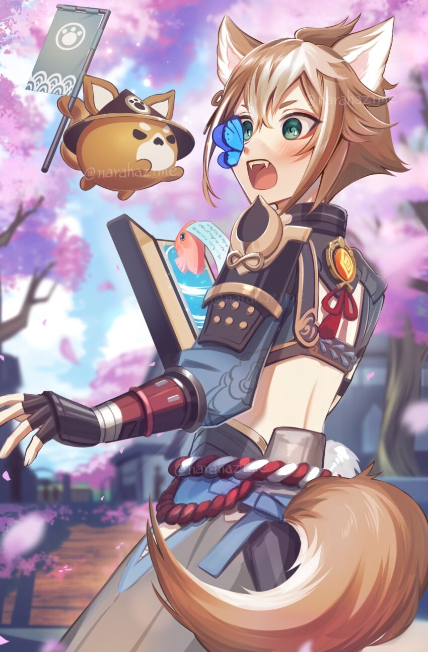1boy animal_ears aqua_eyes architecture arm_guards armor artist_name back bandaged_arm bandages black_gloves blue_butterfly blue_sky blurry blurry_background blush book brown_hair bug building butterfly butterfly_on_nose cherry_blossoms cloud commentary_request day dog_boy dog_ears dog_tail east_asian_architecture eyeshadow falling_petals fangs fingerless_gloves fish flag genshin_impact gloves gorou_(genshin_impact) grey_pants hair_between_eyes highres hip_vent holding holding_book holding_flag igote insect japanese_armor japanese_clothes kouhaku_nawa long_sleeves looking_to_the_side makeup male_focus multicolored_hair narahazime open_book open_mouth outdoors pants petals red_eyeshadow red_ribbon ribbon rope shimenawa short_eyebrows short_hair shoulder_armor sidelocks single_sode sky sode solo streaked_hair tail tassel teeth tree twitter_username upper_teeth_only v-shaped_eyebrows vision_(genshin_impact) white_hair