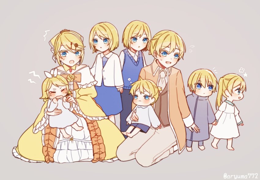:&lt; :o ^^^ adam_moonlit aged_down aku_no_meshitsukai_(vocaloid) aku_no_musume_(vocaloid) allen_avadonia aryuma772 ascot barefoot barisol_no_kodomo_wa_hitorikko_(vocaloid) behemo_barisol black_flower black_rose blonde_hair blue_dress blue_eyes blue_pants blue_shorts blue_sweater blue_sweater_vest blush bow brother_and_sister brown_pants brown_vest cardigan carrying carrying_person child choker coat collared_dress collared_jacket collared_shirt colored_eyelashes crying dress dress_flower eve_moonlit evillious_nendaiki flower flying_sweatdrops frilled_dress frilled_sleeves frills gretel_(evillious_nendaiki) grey_background hair_bow hair_down hair_ornament hair_ribbon hairclip half-closed_eyes hansel_(evillious_nendaiki) high_ponytail highres holding_hands jacket juliet_sleeves kagamine_len kagamine_rin kneeling levia_barisol long_sleeves master_of_the_heavenly_yard_(vocaloid) medium_hair off-shoulder_dress off_shoulder okizari_tsukiyo_shou_(vocaloid) open_mouth orange_bow orange_coat orange_jacket pants petticoat pinafore_dress ponytail puffy_sleeves reincarnation ribbon riliane_lucifen_d&#039;autriche rose shirt short_hair short_ponytail shorts siblings sidelocks sitting sitting_on_lap sitting_on_person sleepy sleeveless sleeveless_dress sweatdrop sweater sweater_vest swept_bangs tantrum tearing_up tsurime twins twintails twitter_username updo vest vocaloid walking_away white_bow white_cardigan white_dress white_sweater wide_sleeves yellow_bow yellow_choker yellow_dress yellow_flower yellow_rose