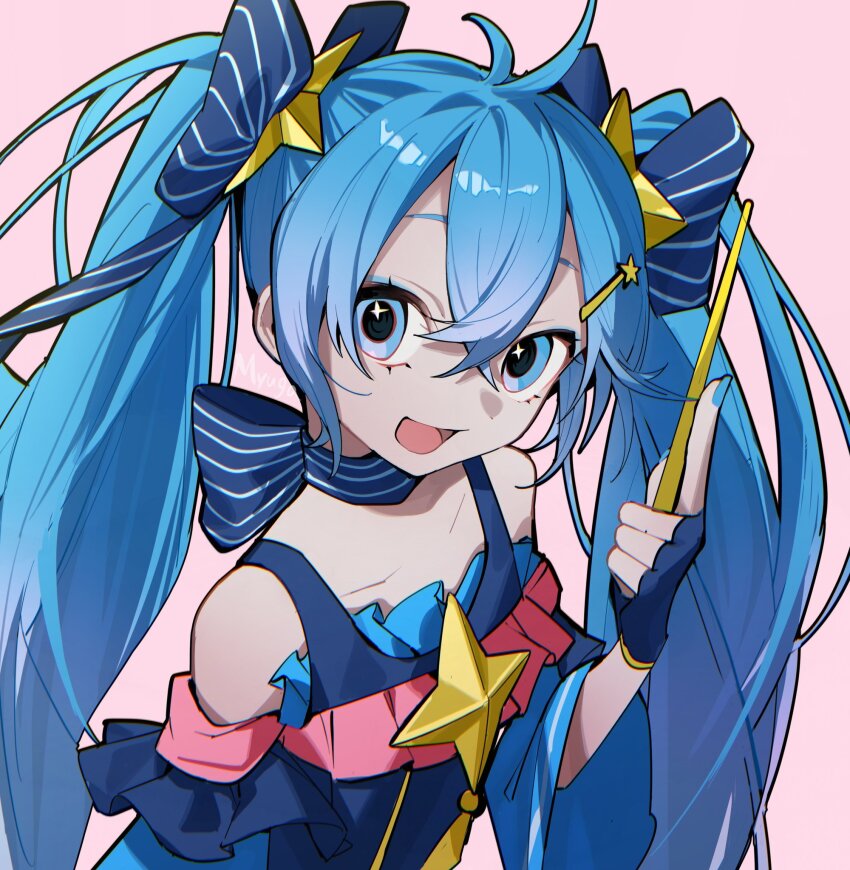 1girl :d blue_bow blue_dress blue_eyes blue_eyeshadow blue_gloves blue_hair blue_nails bow bow_choker choker clothing_cutout collarbone commentary_request dress eyeshadow fingerless_gloves frilled_dress frills gloves hair_bow hair_ornament hairclip hatsune_miku highres holding holding_wand looking_at_viewer looking_to_the_side makeup myuga66666 open_mouth pink_background pinstripe_bow shoulder_cutout smile solo twintails upper_body vocaloid wand yuki_miku yuki_miku_(2017)