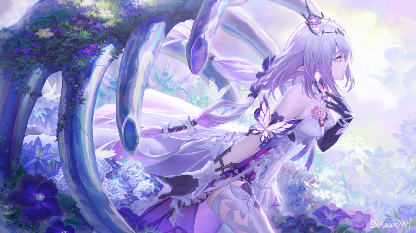 1girl animal_skeleton bare_shoulders black_tiara bow breasts butterfly_earrings butterfly_hair_ornament castorice_(honkai:_star_rail) closed_mouth commentary cowboy_shot dress earrings elbow_gloves from_side gloves hair_bow hair_ornament hand_on_own_chest highres honkai:_star_rail honkai_(series) jewelry karlhe large_breasts leggings long_hair looking_ahead pointy_ears profile purple_eyes purple_gloves purple_hair single_elbow_glove solo tiara twitter_username very_long_hair white_bow white_dress white_leggings