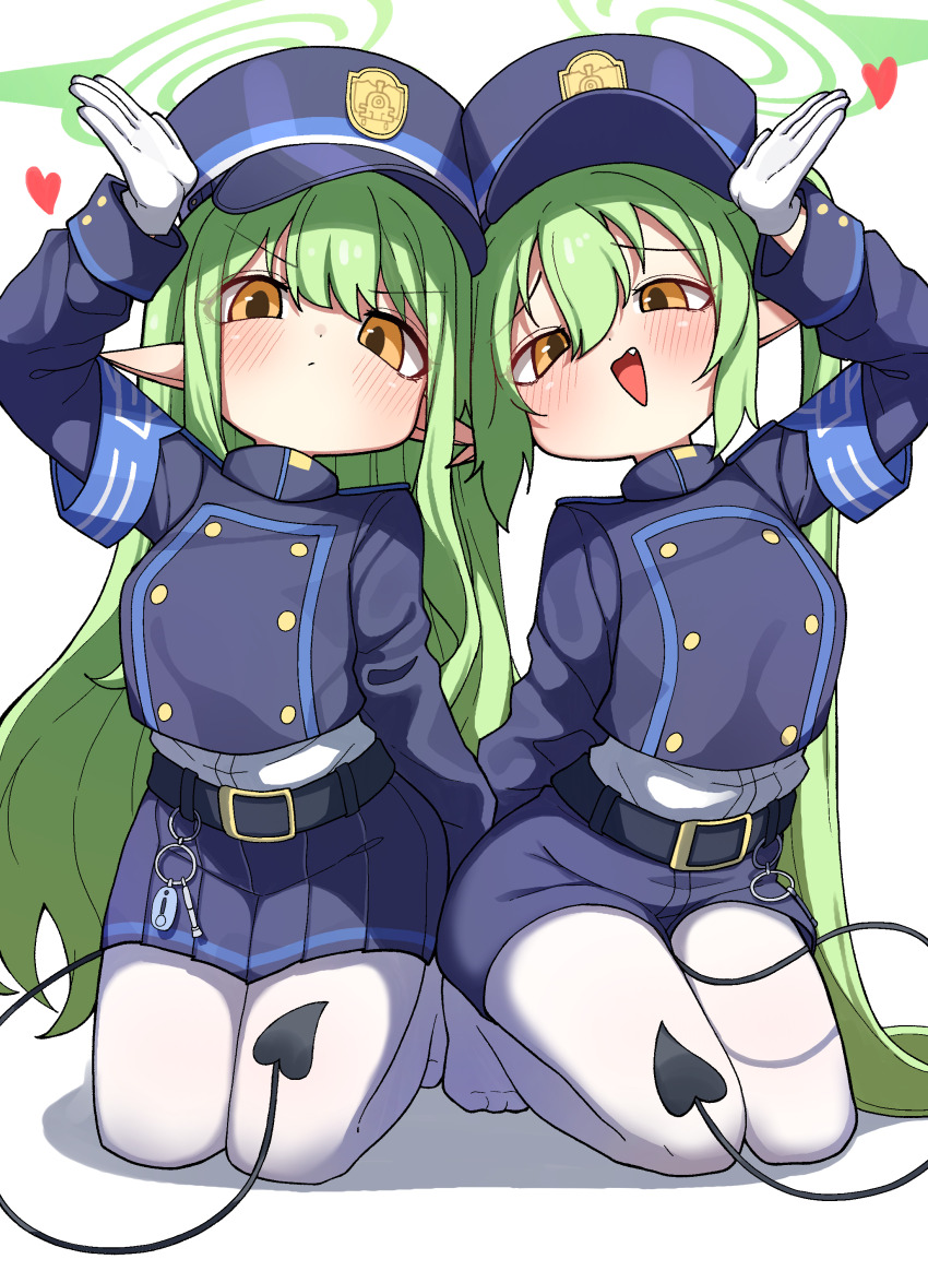2girls :d absurdres armband belt black_belt black_shorts black_skirt blue_archive blue_armband buttons commentary_request demon_horns demon_tail gloves green_hair hair_between_eyes halo hat heart highres hikari_(blue_archive) horns hourglass_02 long_hair long_sleeves looking_at_viewer multiple_girls no_shoes nozomi_(blue_archive) open_mouth pantyhose peaked_cap pleated_skirt pointy_ears ponytail seiza shirt short_shorts shorts siblings sidelocks simple_background sisters sitting skirt smile tail train_conductor twins v-shaped_eyebrows white_background white_gloves white_pantyhose white_shirt yellow_eyes