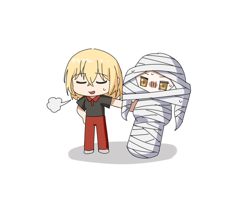 2girls bang_dream! bang_dream!_it&#039;s_mygo!!!!! black_shirt blonde_hair commentary dated_commentary highres medium_hair misumi_uika multiple_girls mummification_(non_bound) nerv pants puff_of_air red_pants shirt simple_background togawa_sakiko white_background yellow_eyes yzj21333