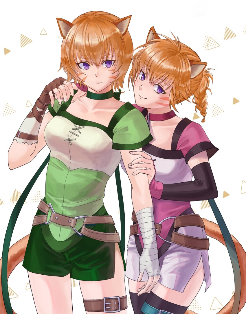 2girls absurdres animal_ears belt braid breasts brown_belt cat_ears cat_girl cat_tail choker collar commentary_request facepaint facial_mark fire_emblem fire_emblem:_path_of_radiance fire_emblem:_radiant_dawn green_choker green_collar green_shorts hand_guard highres laguz_(fire_emblem) lethe_(fire_emblem) lyre_(fire_emblem) marukubi9595 medium_breasts multiple_girls nintendo o-ring o-ring_belt orange_hair orange_tail pink_collar purple_eyes rainbow_ribbon shorts siblings side_slit side_slit_shorts sisters tail thigh_belt thigh_strap twins whisker_markings white_background wrist_wrap