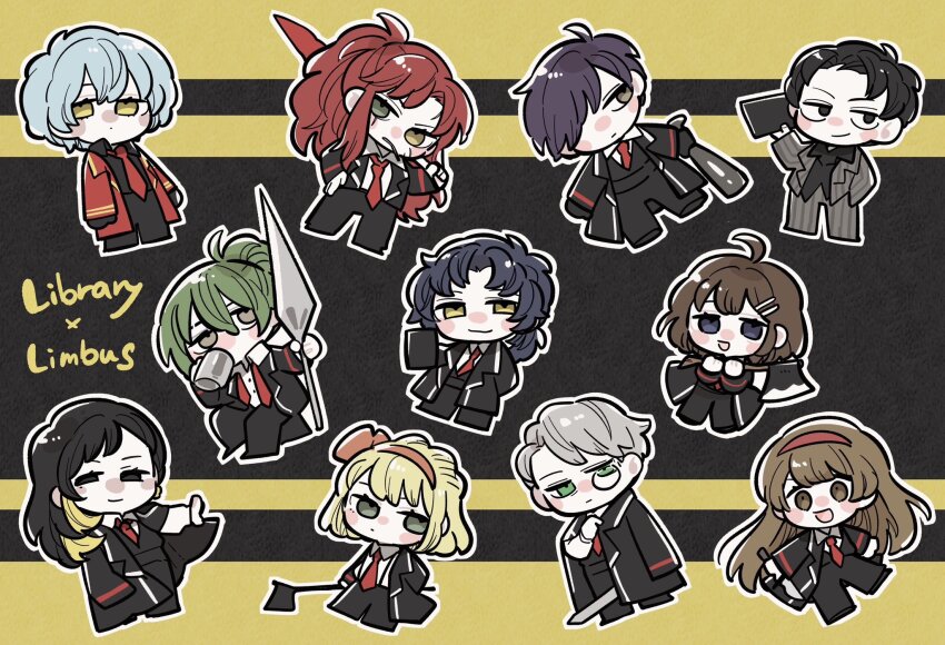 5boys 6+girls :d angela_(project_moon) axe baseball_bat binah_(project_moon) black_background black_coat black_eyes black_gloves black_hair black_pants black_shirt black_vest blonde_hair blue_eyes blue_hair border bow brown_eyes brown_hair chesed_(project_moon) chibi closed_mouth coat coffee_mug collared_shirt colored_inner_hair cosplay cup dante_(limbus_company) dante_(limbus_company)_(cosplay) drink e.g.o_(project_moon) full_body gebura_(project_moon) gloves green_eyes green_hair grey_eyes grey_hair grey_jacket hair_bow hairband heterochromia highres hod_(project_moon) hokma_(project_moon) holding holding_axe holding_polearm holding_weapon jacket kojocho05 lcb_uniform_(project_moon) library_of_ruina limbus_company living_weapon long_hair long_sleeves looking_at_viewer malkuth_(project_moon) mimicry_(e.g.o) mug multicolored_hair multiple_boys multiple_girls necktie netzach_(project_moon) open_mouth orange_bow orange_hairband pants parted_bangs polearm ponytail project_moon purple_hair red_coat red_hair red_hairband red_necktie roland_(project_moon) scar scar_across_eye scar_on_face shirt short_hair simple_background smile standing tiphereth_a_(project_moon) undone_necktie vergilius_(project_moon) vergilius_(project_moon)_(cosplay) vest weapon white_shirt yellow_border yellow_eyes yesod_(project_moon)