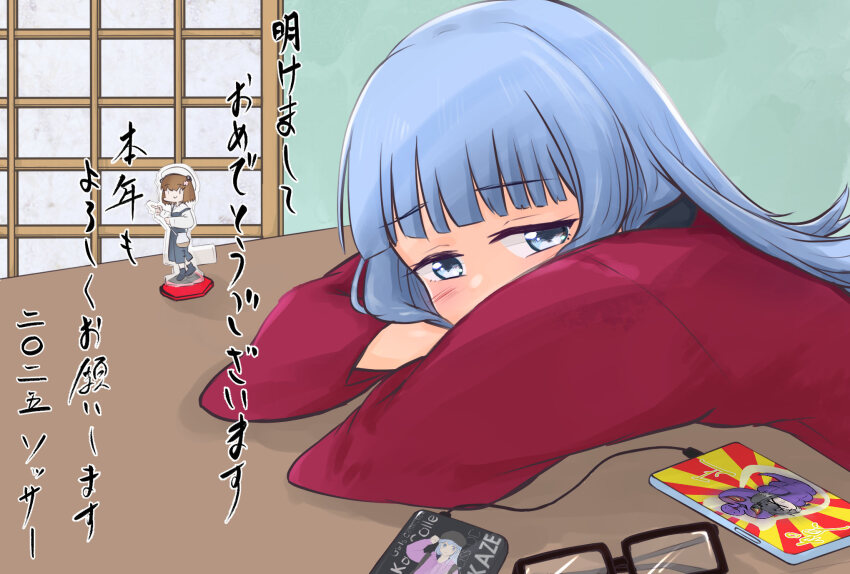 1girl akeome blue_eyes blue_hair blunt_bangs cellphone commentary_request door figure glasses hanten_(clothes) happy_new_year hatsukaze_(kancolle) highres kantai_collection long_hair new_year phone smartphone solo sosser table translation_request yukikaze_(kancolle) yukikaze_(kure_2024)_(kancolle)