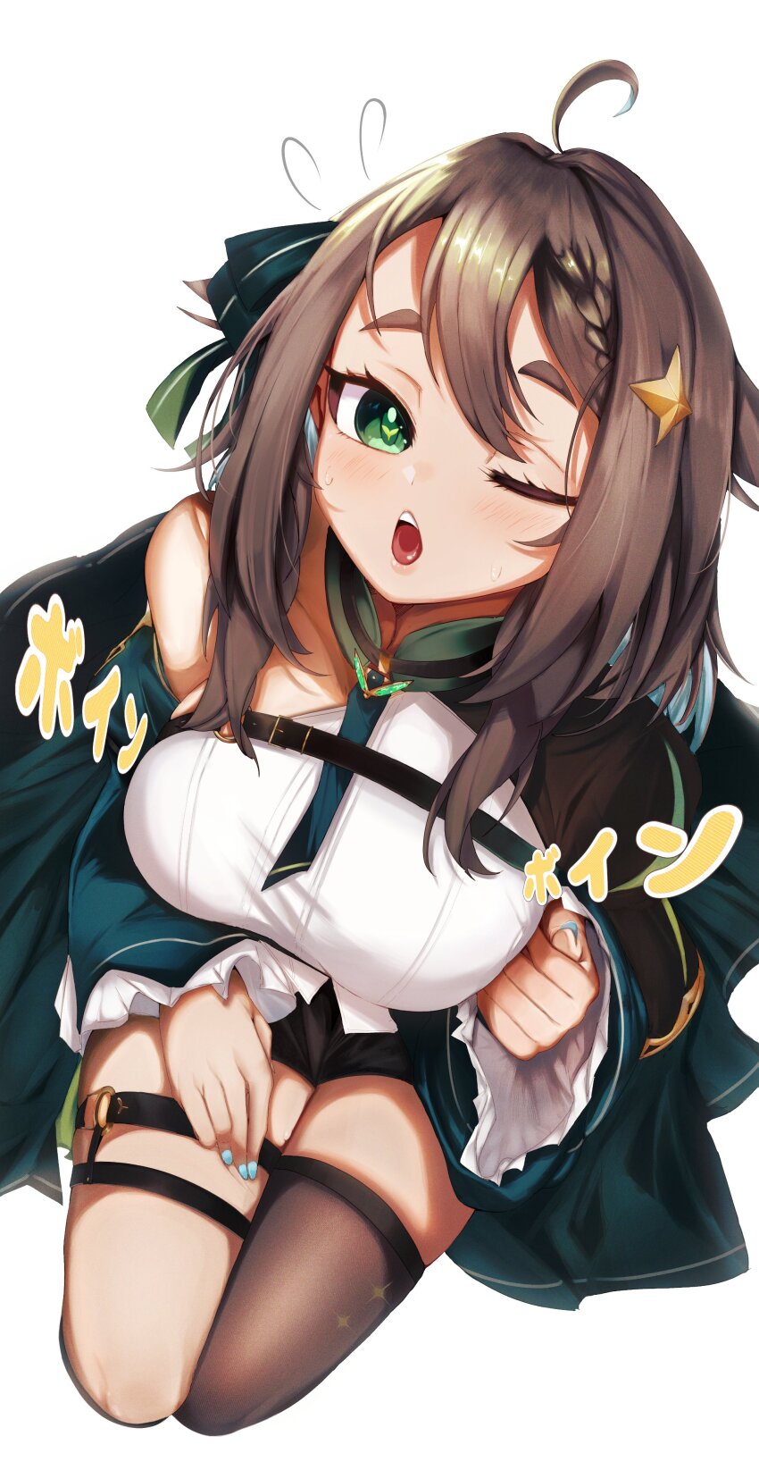 1girl :o absurdres ahoge belt_buckle black_capelet blue_hair blue_nails bow bowtie braid breasts brown_hair buckle byxis capelet chest_belt collar colored_inner_hair commentary detached_sleeves dress from_above green_bow green_bowtie green_collar green_dress green_eyes green_sleeves hair_bow hair_flaps hair_ornament half_capelet highres chromashift indie_virtual_youtuber light_blue_hair looking_at_viewer medium_breasts medium_hair meica_(vtuber) meica_(vtuber)_(1st_costume) multicolored_hair o-ring o-ring_thigh_strap one_eye_closed see-through_clothes see-through_legwear shirt simple_background single-shoulder_shirt single_braid single_thighhigh sleeveless sleeveless_shirt solo spanish_commentary sprout-shaped_pupils sprout_pendant star_(symbol) star_hair_ornament sweatdrop symbol-shaped_pupils thick_eyebrows thigh_strap thighhighs translation_request virtual_youtuber white_background white_shirt